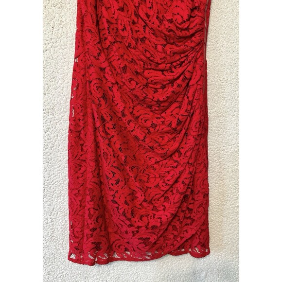 ADRIANNA PAPPELL Red Lace Ruched Exposed‎ Side Zip Stretch Bodycon Dress 8 US - Picture 3 of 13